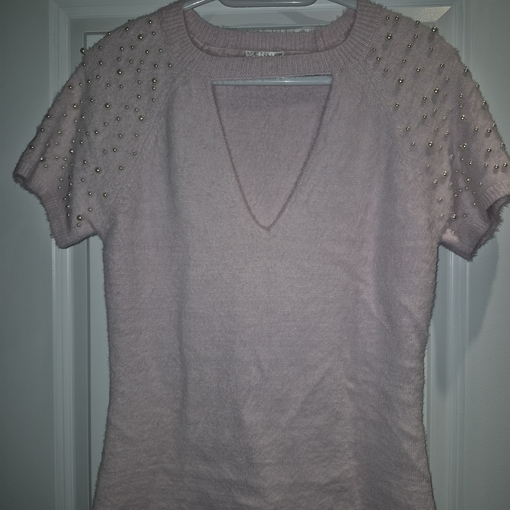 VENUS Light Pink Short Sleeve Top with Pearl Details